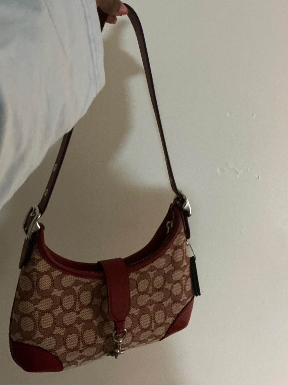 Coach Tan Signature Canvas Shoulder Bag with Red Leather Trim